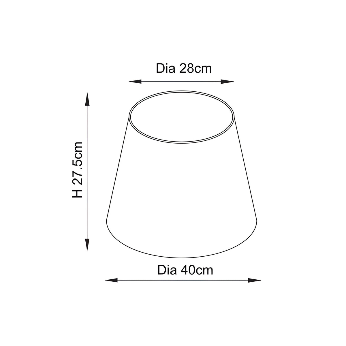 Dimension diagram of the Endon Caldmere floor lamp shade, showing a tapered form with 28cm top diameter, 40cm base diameter and 27.5cm height.