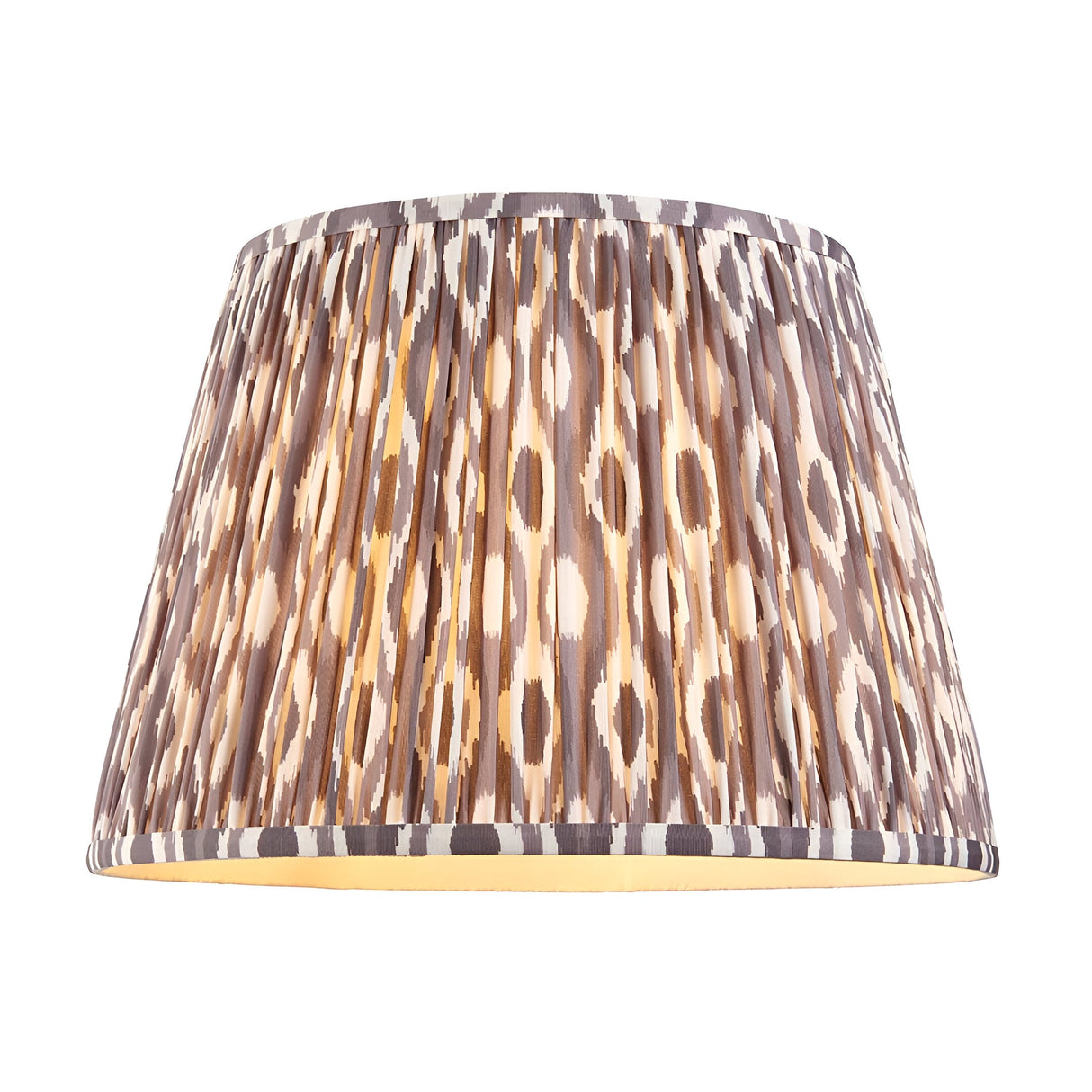 Caldmere Ikat Floor Lamp shade in grey and brown patterned fabric with a pleated, gathered finish, shown against a plain white background.