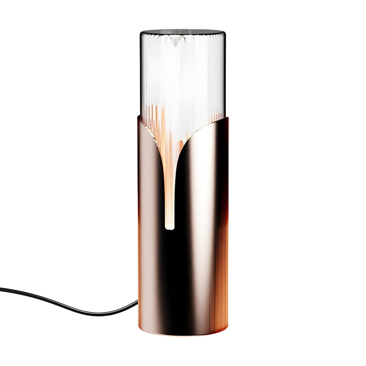 Bisel Cylinder Ribbed Glass Table Lamp in copper, with a fluted clear glass tube and tapered cut-out sleeve revealing a vertical line of light, shown on a plain white background.