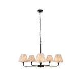 Caldmere 5 Light Ikat Pendant in Natural, with pleated taper fabric shades on matt black metal arms and chain, shown on a plain white background.