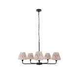 Caldmere 5-Light Ikat Pendant in Natural, matt black frame with five pleated fabric taper shades on a height-adjustable chain.