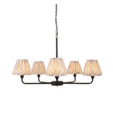 Caldmere 5-light Ikat pendant in Natural, featuring tapered pleated fabric shades on a matt black frame with adjustable chain.