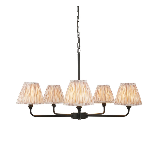 Caldmere 5-light Ikat pendant in Natural, featuring tapered pleated fabric shades on a matt black frame with adjustable chain.