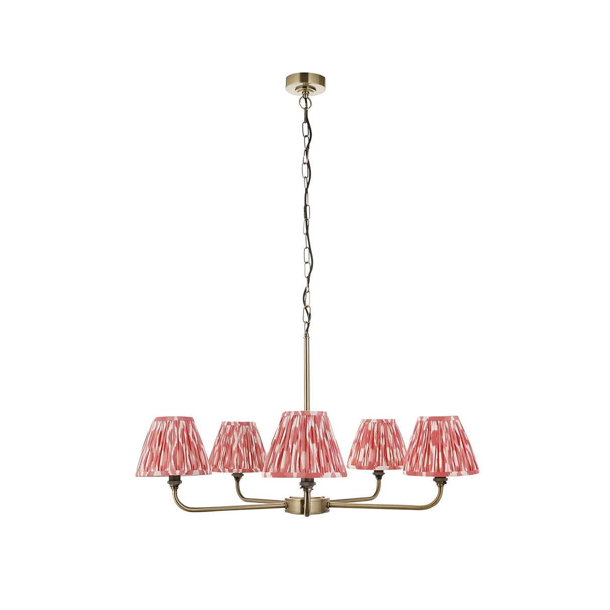 Endon Caldmere 5 light pendant with tapered coral pink ikat pleated shades on antique brass arms and chain, shown on a white background.