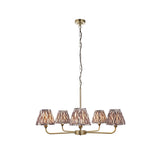 Caldmere 5-Light Ikat Pendant in Grey with tapered fabric shades on antique brass metalwork and chain suspension, shown on a white background.