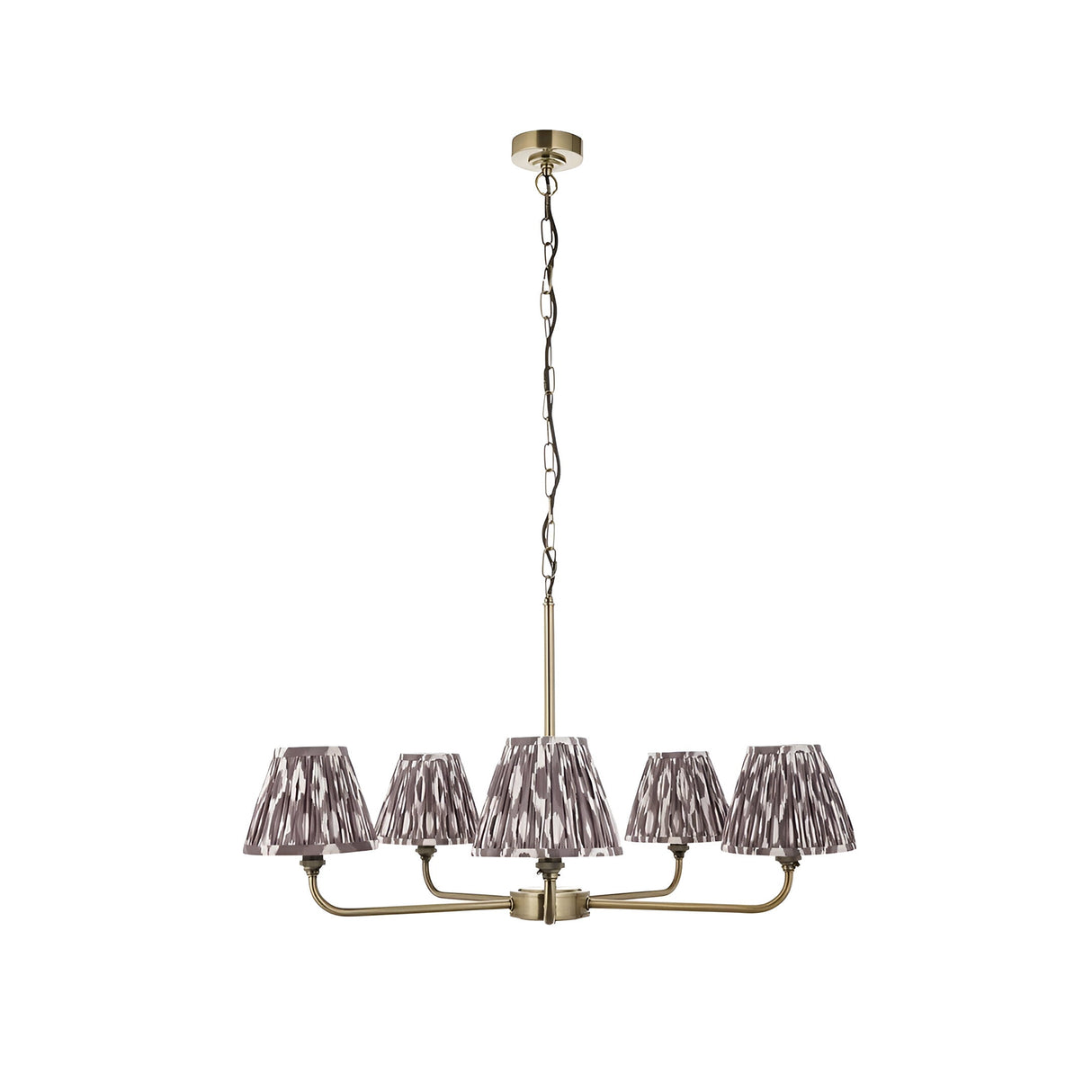 Caldmere 5 Light Ikat Pendant in antique brass with five pleated grey fabric tapered shades on a height-adjustable chain, shown on a plain white background.