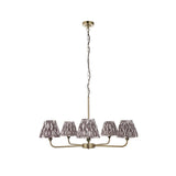 Caldmere 5 Light Ikat Pendant in antique brass with five pleated grey fabric tapered shades on a height-adjustable chain, shown on a plain white background.