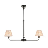 Endon Caldmere 2 light linear pendant in matt black with two tapered pleated natural ikat fabric shades on a telescopic stem, plain background.