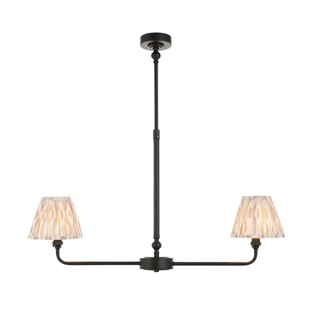 Endon Caldmere 2 light linear pendant in matt black with two tapered pleated ikat shades in natural tones, telescopic stem, on a white background.