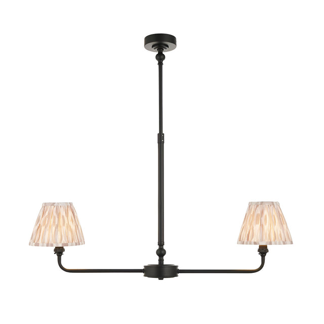 Endon Caldmere 2 light linear pendant in matt black with two tapered pleated ikat shades in natural tones, telescopic stem, on a white background.