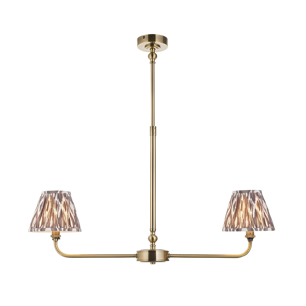 Caldmere 2 Light Ikat Pendant in antique brass with grey pleated tapered shades on a linear telescopic stem, plain white background.