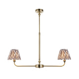 Caldmere 2 Light Ikat Pendant in antique brass with grey pleated tapered shades on a linear telescopic stem, plain white background.