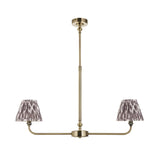Caldmere 2 Light Ikat Pendant in Grey, a linear antique brass frame with two tapered pleated shades in pearl grey fabric, shown on a plain white background.