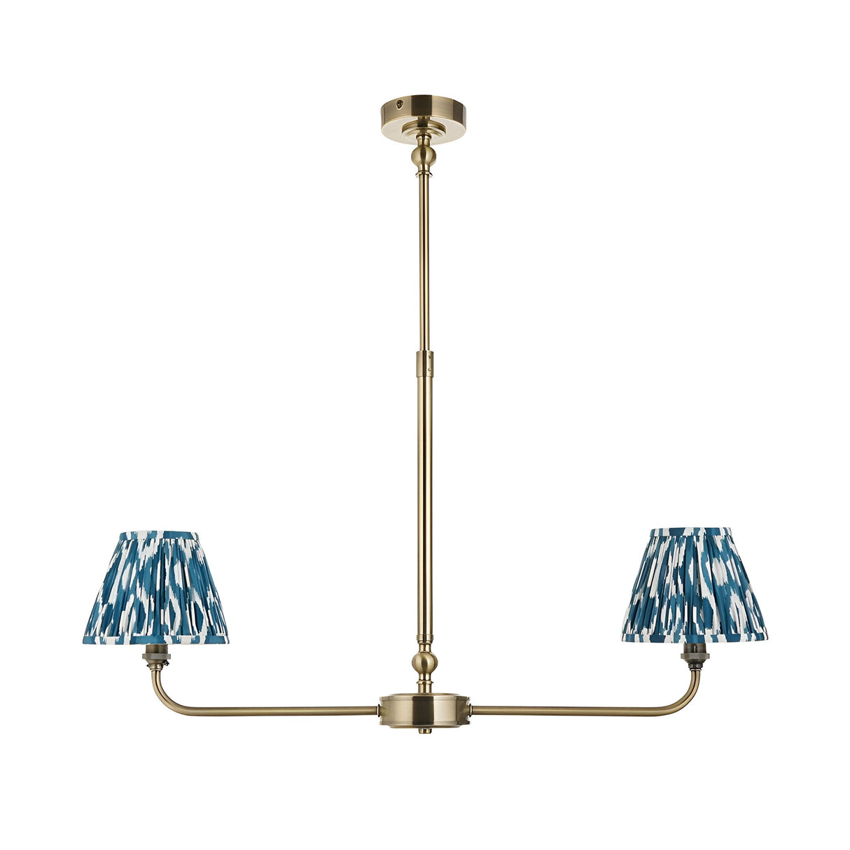 Endon Caldmere 2 light pendant with tapered pleated marlin blue ikat shades on an antique brass linear frame with telescopic stem, on white.