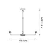 Dimensioned line drawing of the Endon Caldmere 2 light pendant showing a 62.5cm linear frame with adjustable 51-72cm telescopic drop.