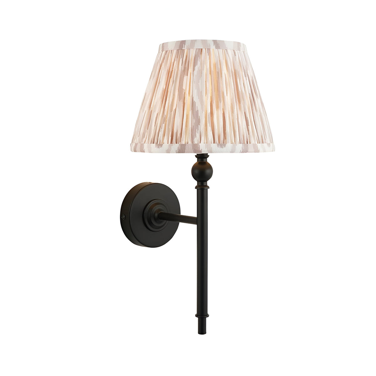 Endon Caldmere wall light with a tapered hand-pleated beige Ikat shade on slim matt black metalwork with a B22 lamp holder, on a white background.