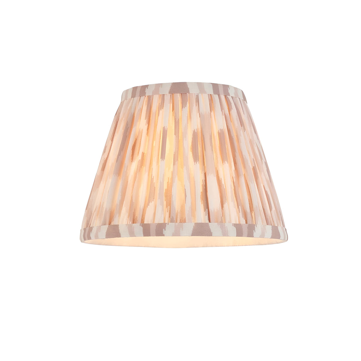 Endon Caldmere wall light shade in beige Ikat print, tapered pleated fabric design, shown illuminated against a plain white background.