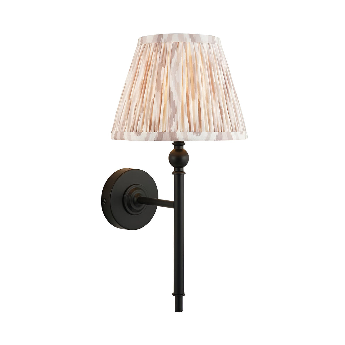 Endon Caldmere wall light with a tapered pleated beige Ikat fabric shade on slim matt black metalwork, shown against a plain white background.