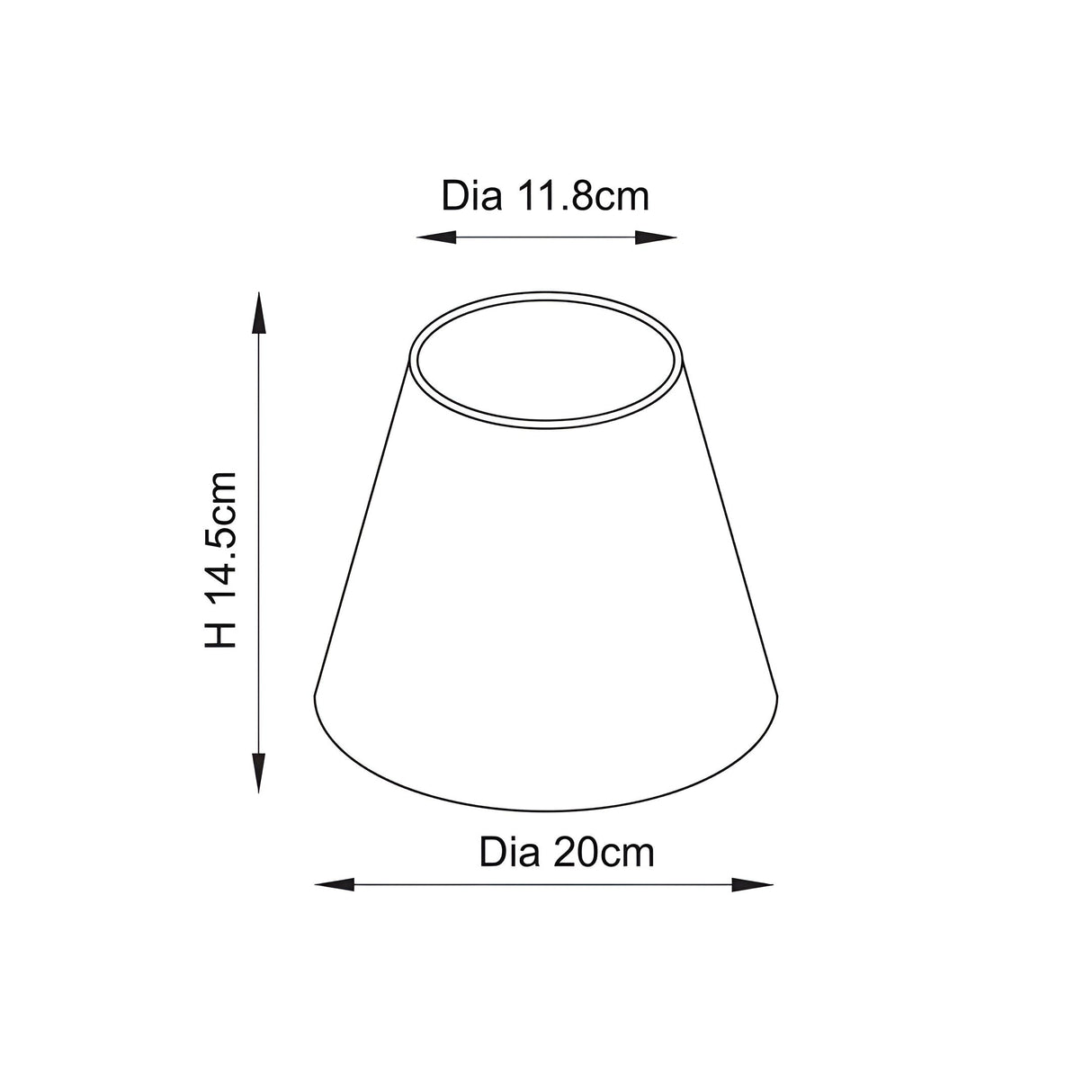 Line drawing of the Caldmere Ikat Wall Light's tapered fabric shade, showing dimensions 20cm base diameter, 11.8cm top diameter, and 14.5cm height.