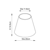 Line drawing of the Caldmere Ikat Wall Light's tapered fabric shade, showing dimensions 20cm base diameter, 11.8cm top diameter, and 14.5cm height.