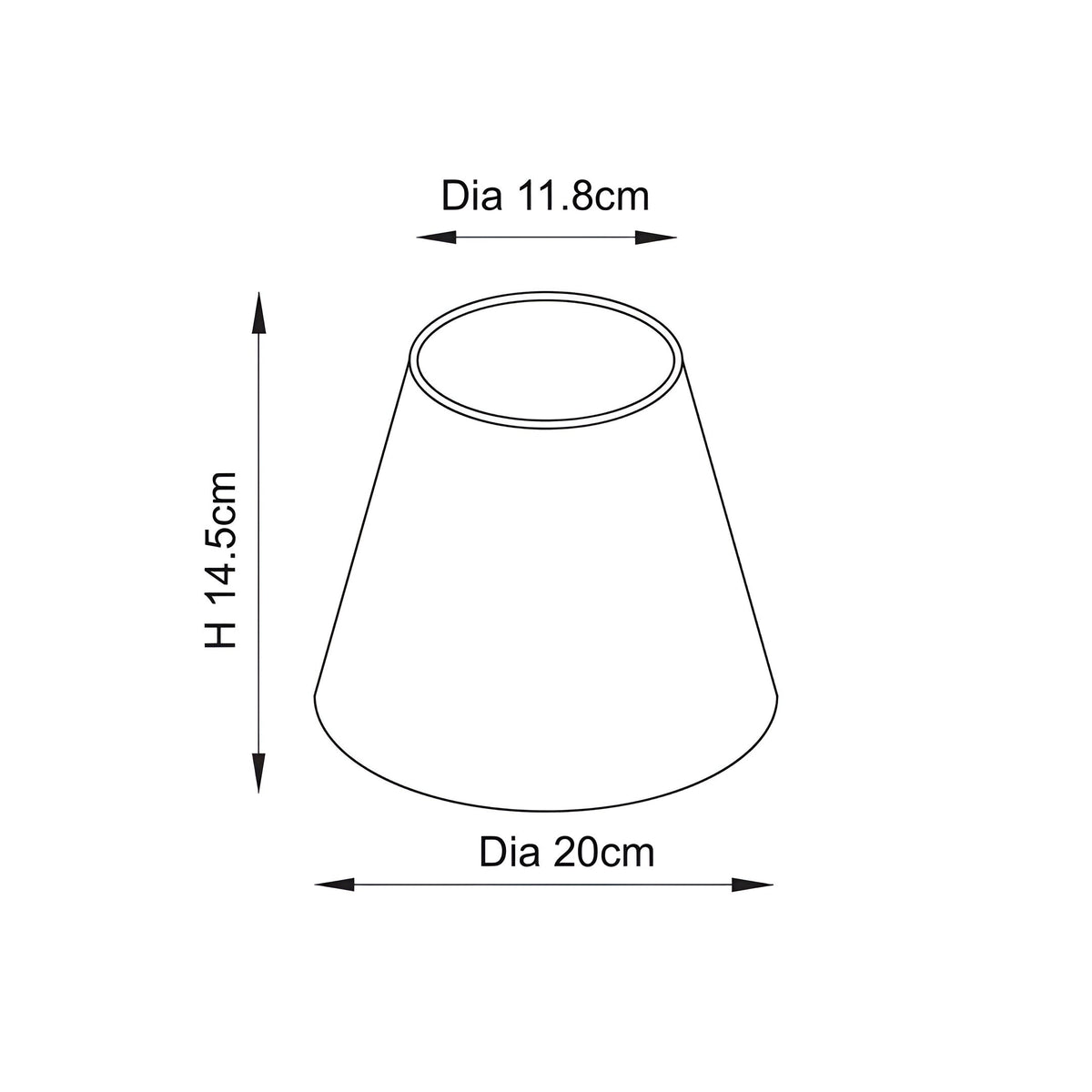 Technical line drawing of the Endon Caldmere wall light shade showing a tapered profile with 20cm base, 11.8cm top and 14.5cm height.