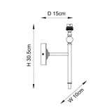 Technical line drawing of the Caldmere Ikat Wall Light showing dimensions: height 30.5cm, depth 15cm, width 10cm, with wall bracket and B22 lamp holder detail.