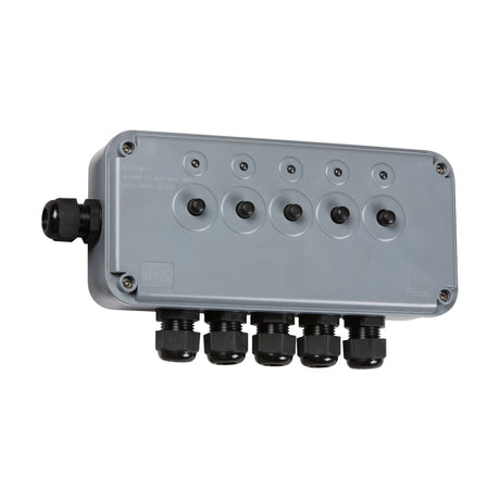 A gray Knightsbridge IP66 13A 5 Gang Switch Box features six circular openings and black cable glands on the bottom. Designed for outdoor or industrial use, this rectangular box has a durable plastic construction that ensures it remains weatherproof.