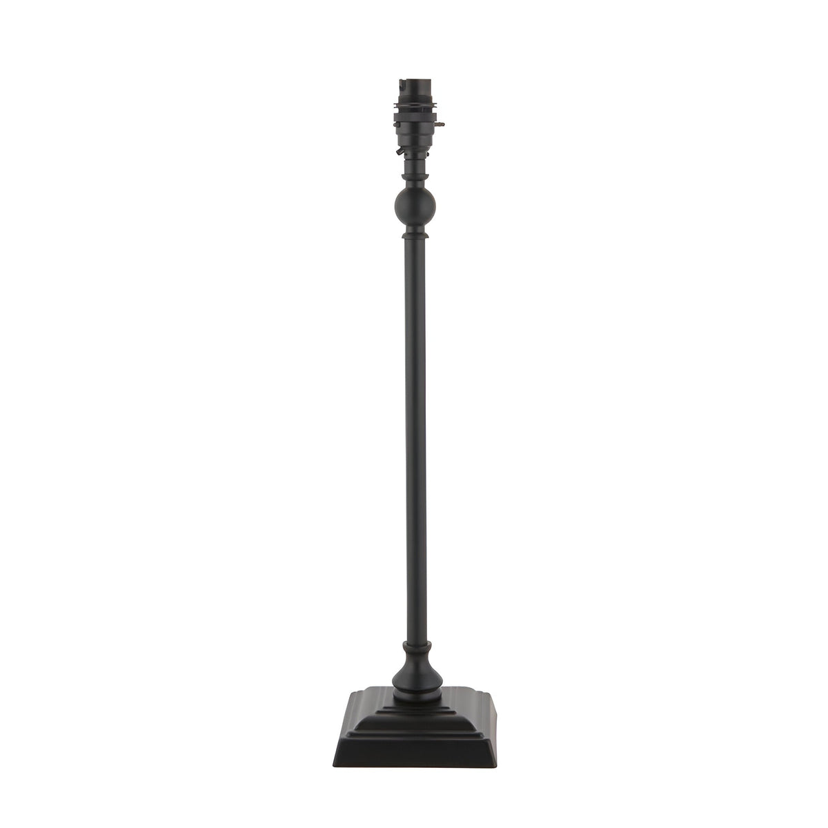 Caldmere table lamp base, slim turned metal candlestick design in matt black with B22 holder, square stepped base, plain white background.