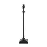 Caldmere table lamp base, slim turned metal candlestick design in matt black with B22 holder, square stepped base, plain white background.