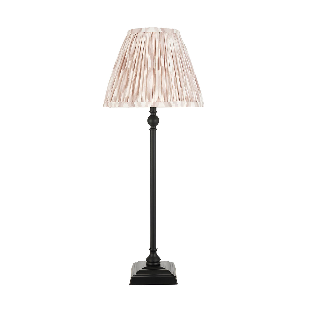 Caldmere Ikat Table Lamp in Cream, with a pleated gathered shade on a slim matt black metal candlestick base, shown on a plain white background.