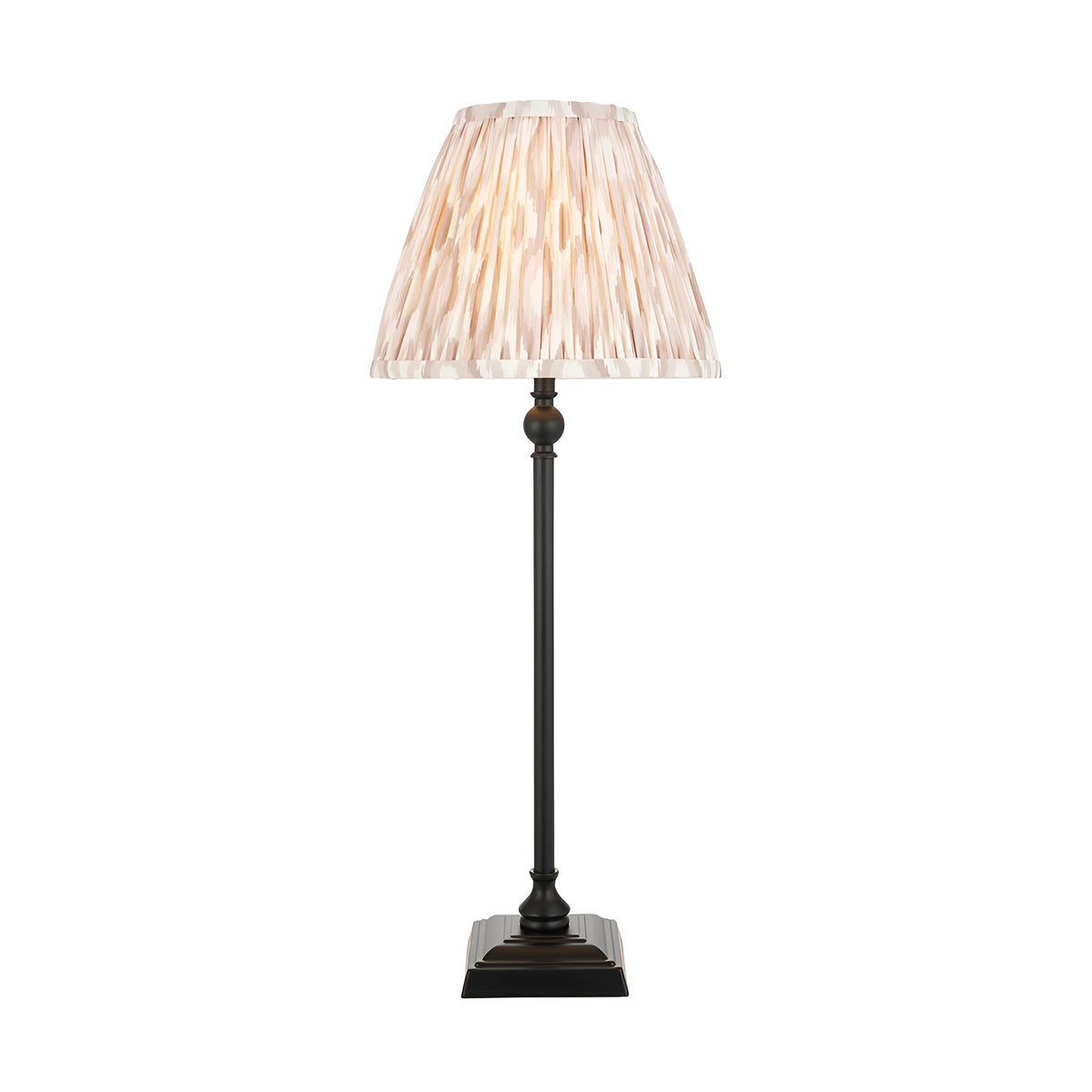 Caldmere Ikat Table Lamp in Cream, featuring a pleated fabric shade on a slim matt black metal candlestick base with square foot, shown on a white background.
