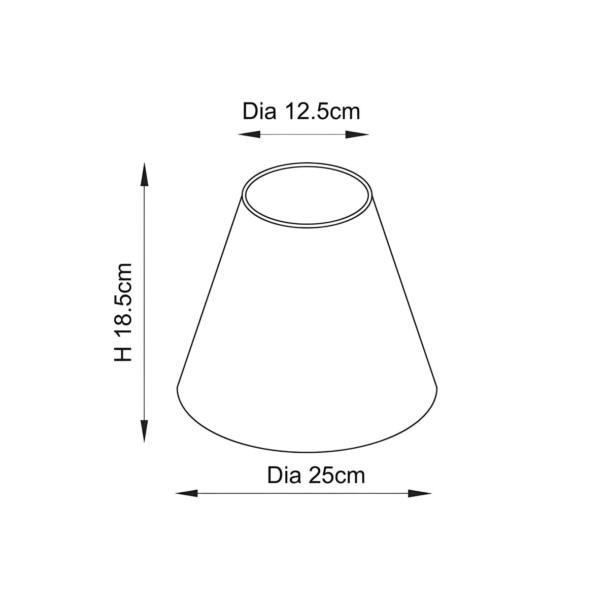 Line drawing of the Caldmere Ikat Table Lamp's conical fabric shade, showing dimensions: 12.5cm top diameter, 25cm base diameter, 18.5cm height.