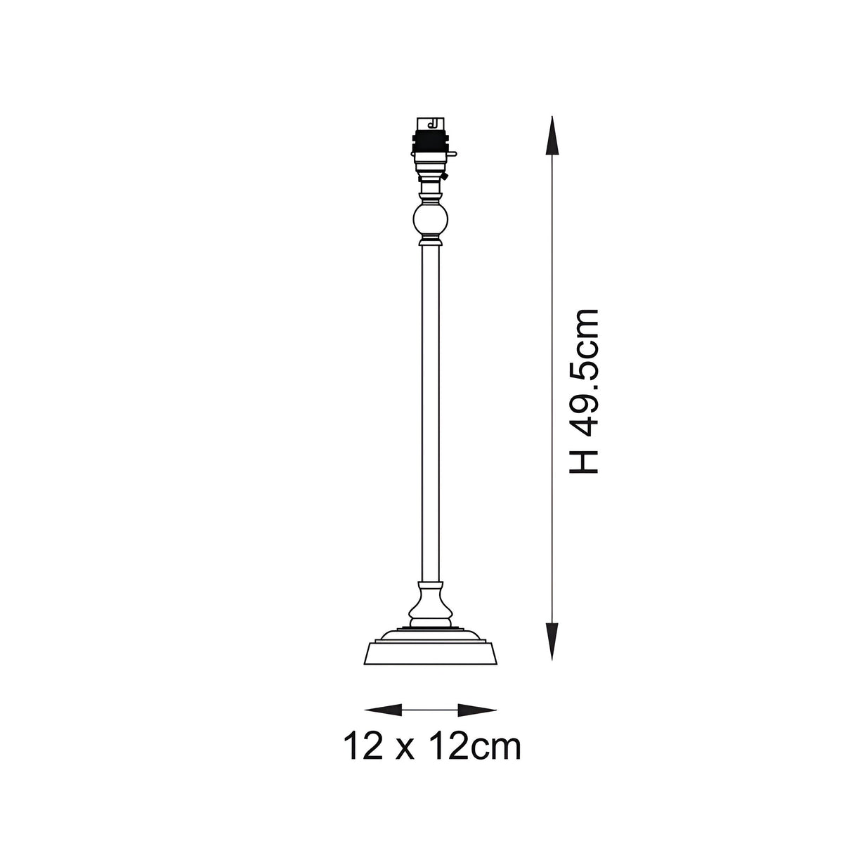 Technical line drawing of the Caldmere table lamp base showing antique brass turned metal candlestick column on round foot, height 49.5cm and base 12 x 12cm.
