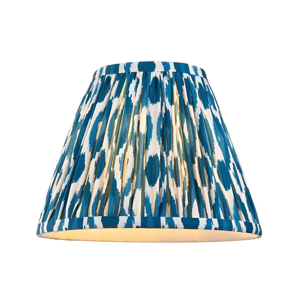 Endon Caldmere pleated Ikat table lamp shade in marlin blue and white on a plain white background.