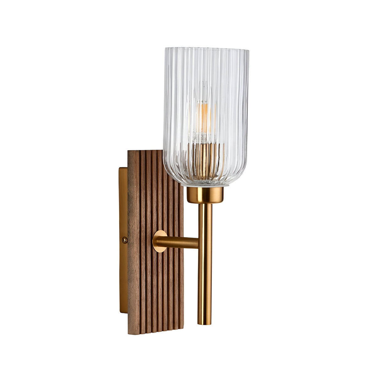 Bramton single wall light with grooved walnut-stained wood backplate, brass arm and clear ribbed glass shade, shown on a plain white background.