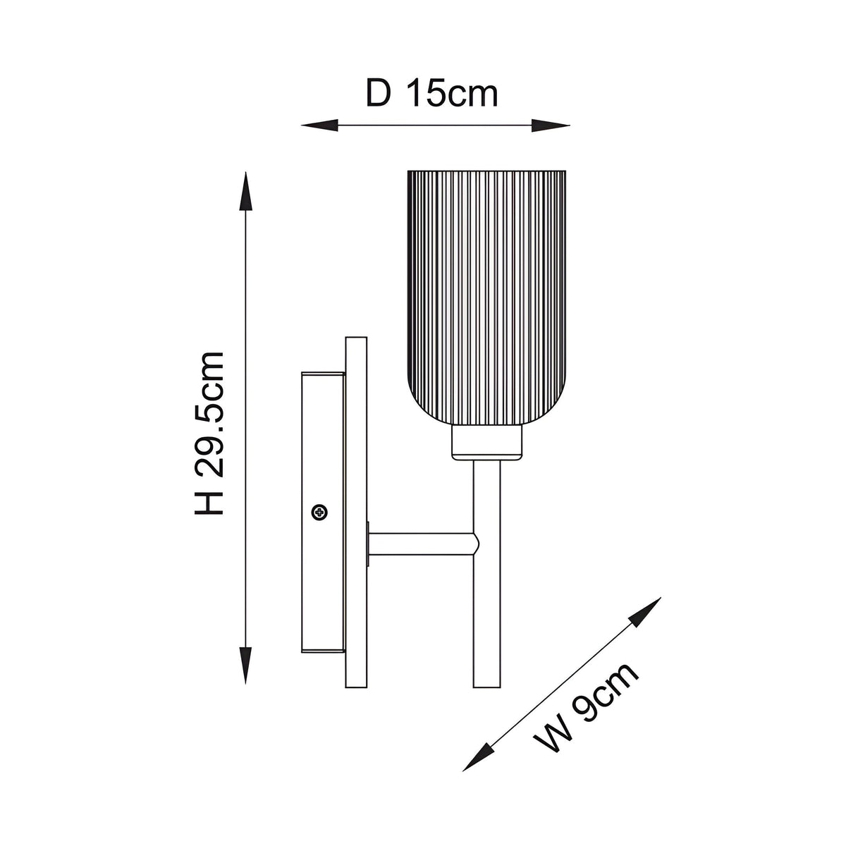 Technical line drawing of the Bramton Wall Light in brass, showing a ribbed glass shade on a slim arm with wall backplate, dimensions H 29.5cm, D 15cm, W 9cm.
