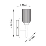 Technical line drawing of the Bramton Wall Light in brass, showing a ribbed glass shade on a slim arm with wall backplate, dimensions H 29.5cm, D 15cm, W 9cm.