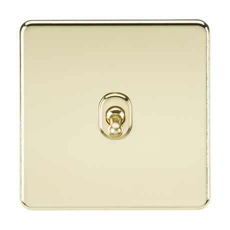Featuring a polished brass toggle, the 10AX 1 Gang 2-Way Toggle Switch is square and cream-colored. It boasts an ultra-slim design that is both minimalistic and modern, with rounded edges and a smooth surface, all in a screwless finish.