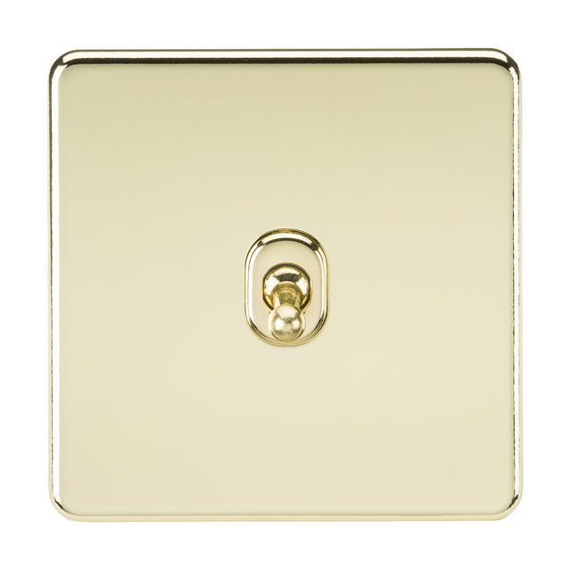 Featuring a polished brass toggle, the 10AX 1 Gang 2-Way Toggle Switch is square and cream-colored. It boasts an ultra-slim design that is both minimalistic and modern, with rounded edges and a smooth surface, all in a screwless finish.