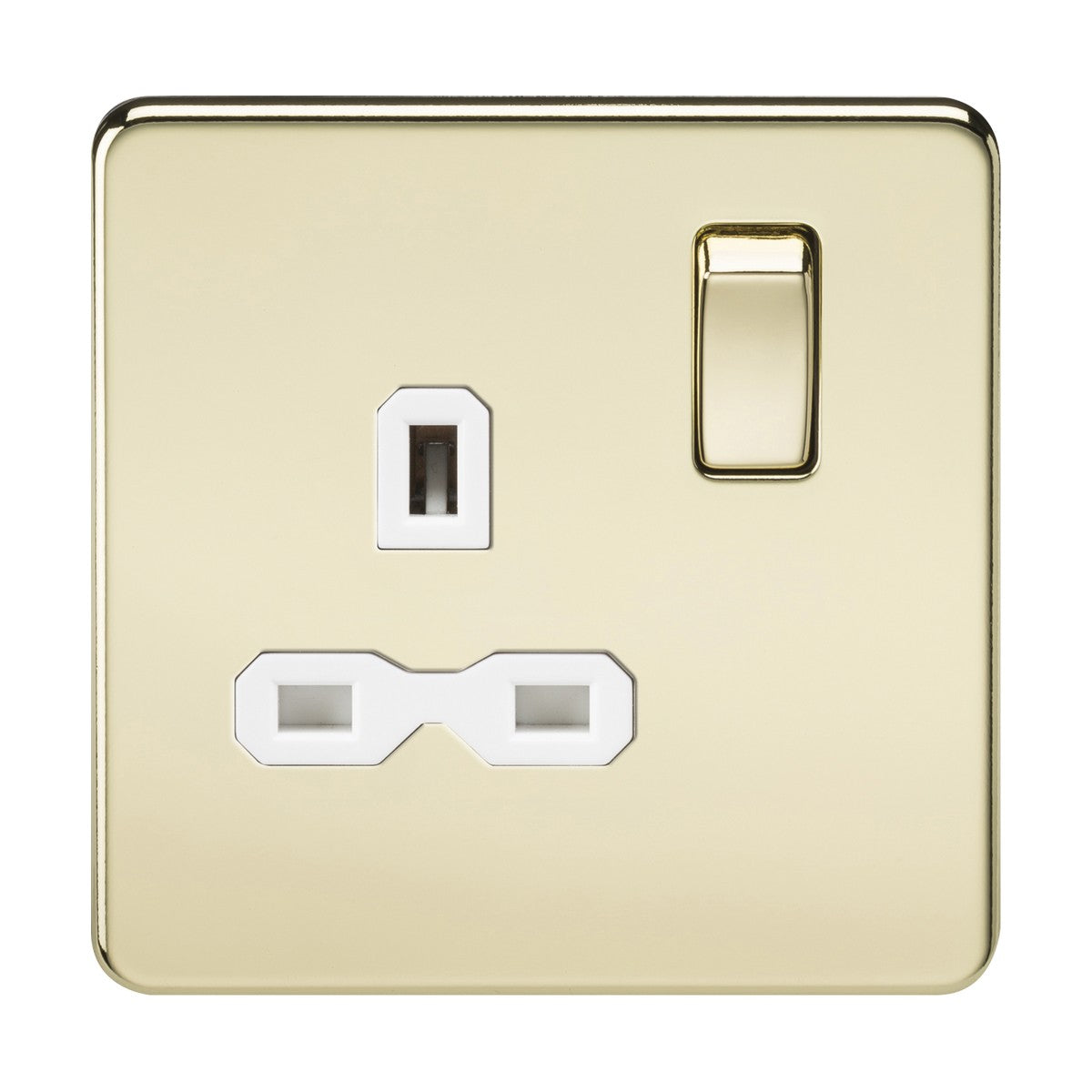 A polished brass 13A 1 gang DP switched socket with a white insert and a screwless design.