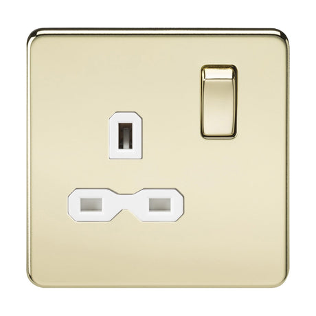 A polished brass 13A 1 gang DP switched socket with a white insert and a screwless design.