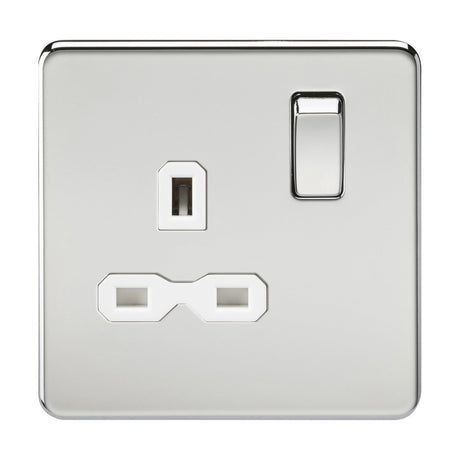 Introducing the 13A 1 Gang DP Switched Socket with a polished chrome finish and a sleek, screwless flat plate design. This electrical wall socket features a white insert, single UK-style switch, two rectangular pin openings, and a T-shaped ground pin opening. The switch is shown in the off position.