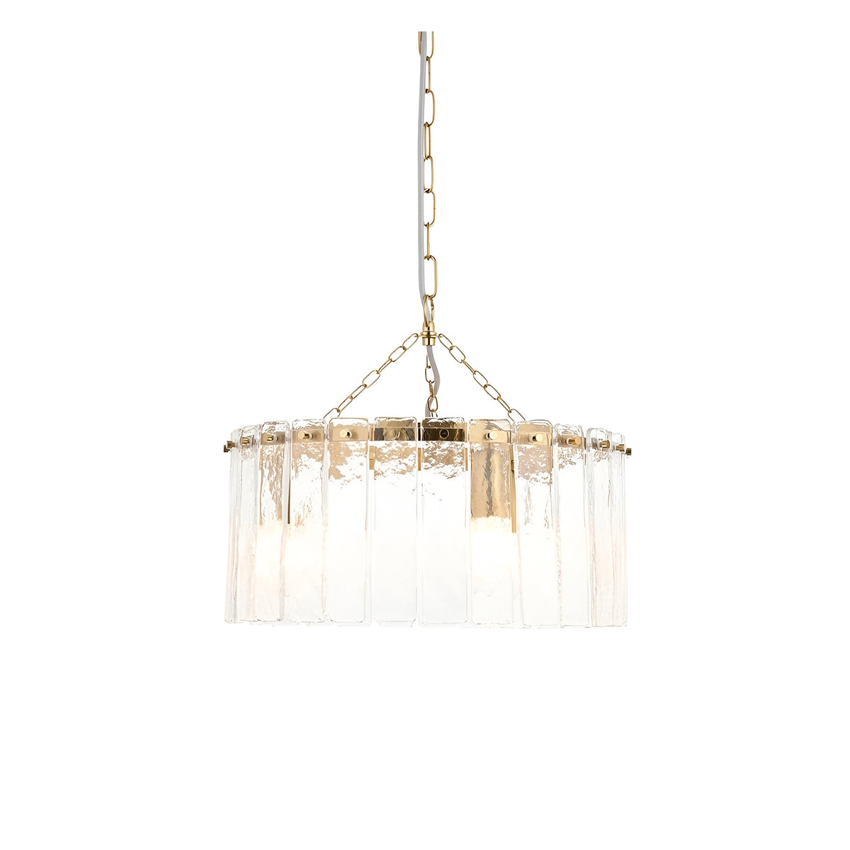 Brockhurst 3 Light Pendant in Brass with a circular drum of clear textured glass panels, suspended from a brass chain on a plain white background.