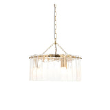Brockhurst 3 Light Pendant in Brass with a circular drum of clear textured glass panels, suspended from a brass chain on a plain white background.