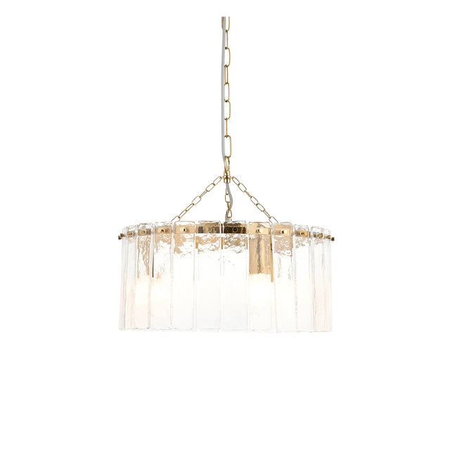 Brockhurst 3 Light Pendant in Brass with a circular drum of clear textured glass panels, suspended from a brass chain on a plain white background.