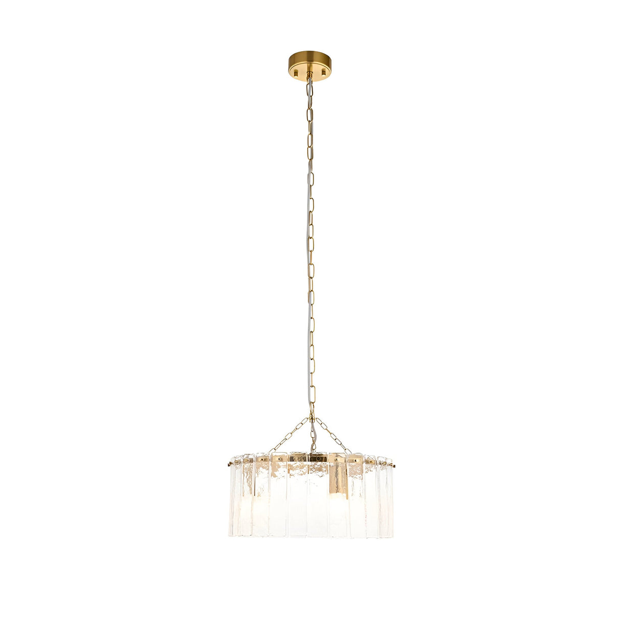 Brockhurst 3 Light Pendant in Brass with a circular drum of clear textured glass panels, suspended from a chain and ceiling rose on a plain white background.