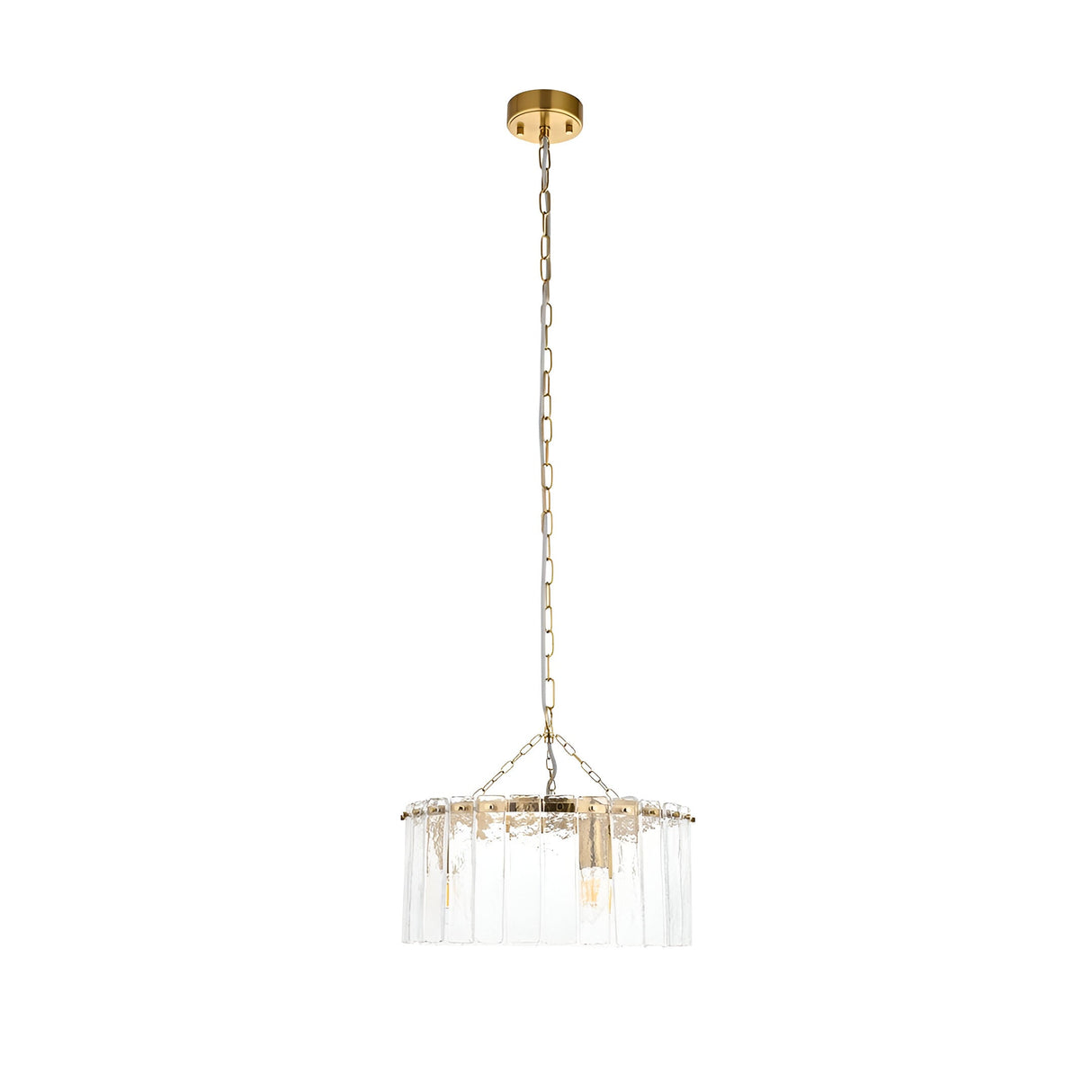 Brockhurst 3-light pendant in brass with a circular drum of clear textured glass panels, hung from a long chain on a white background.