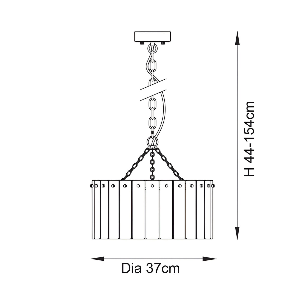 Line drawing of the brass Brockhurst 3 Light Pendant with ribbed glass drum shade, adjustable chain and ceiling mount, H 44-154cm, Dia 37cm.