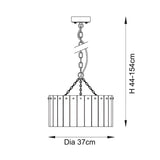 Line drawing of the brass Brockhurst 3 Light Pendant with ribbed glass drum shade, adjustable chain and ceiling mount, H 44-154cm, Dia 37cm.