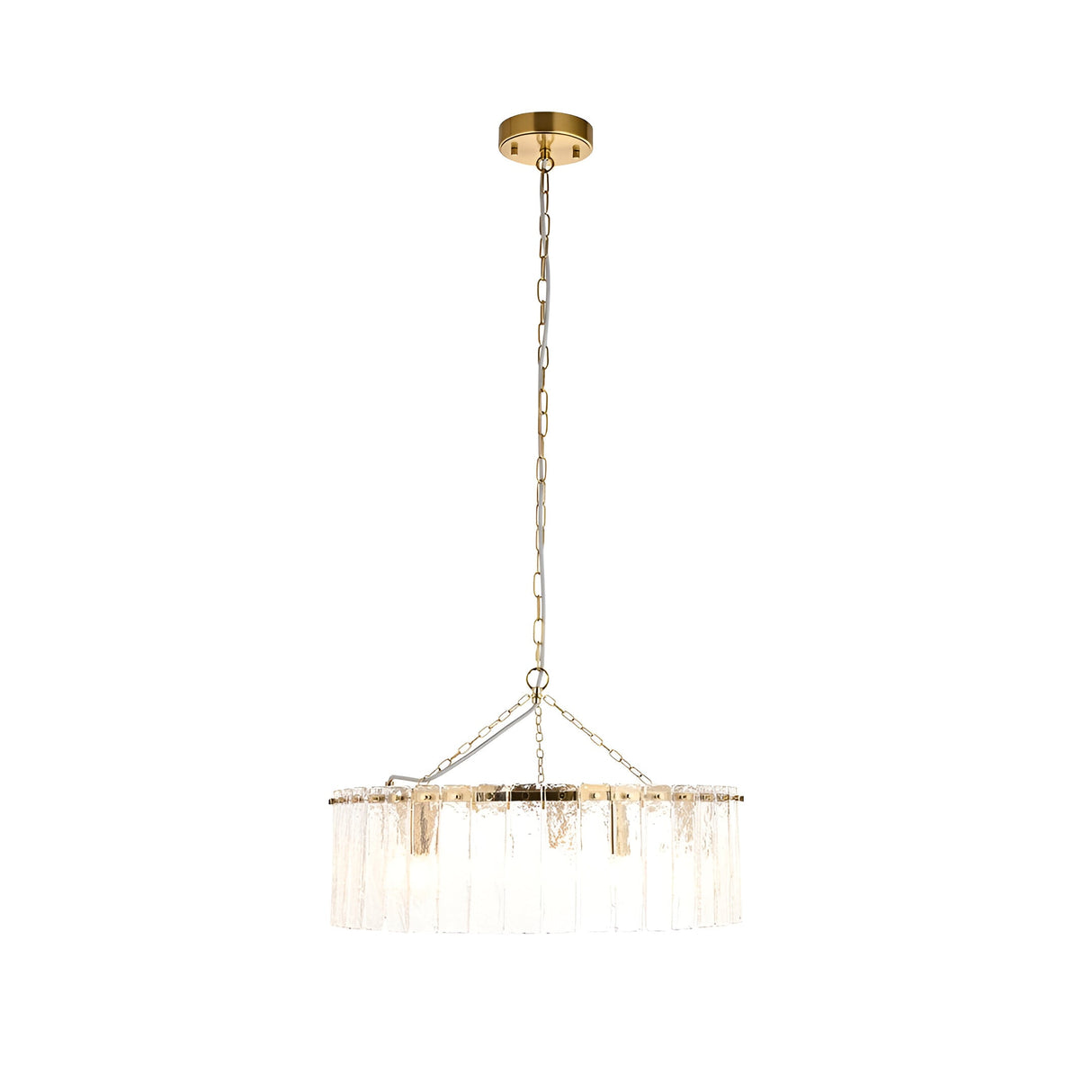 Endon Brockhurst 5 light pendant in brushed brass with a ring of textured glass panels suspended from a chain, shown on a plain white background.